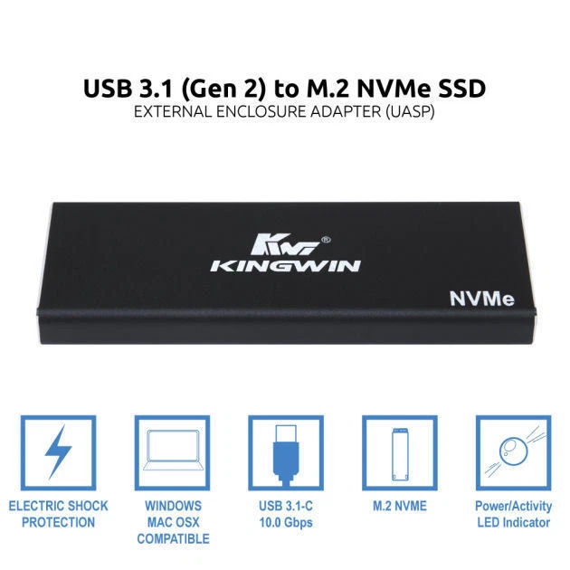 Kingwin KM-U3NGFF-NVE SuperSpeed USB 3.1 to NGFF M.2 NVMe SSD Enclosure - Image 3 of 4
