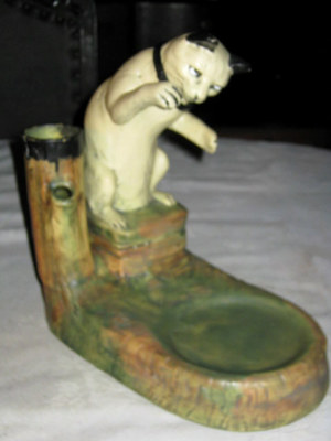 ANTIQUE US WELLER WOODCRAFT MUSKOTA ART DECO CAT SEA FISH BOWL VASE PLANT HOLDER