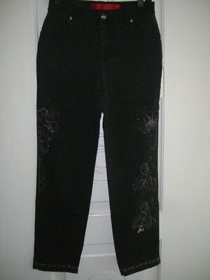 Women's Gloria Vanderbilt Black Silver Embroidery Straight Leg Jeans/Size 4P