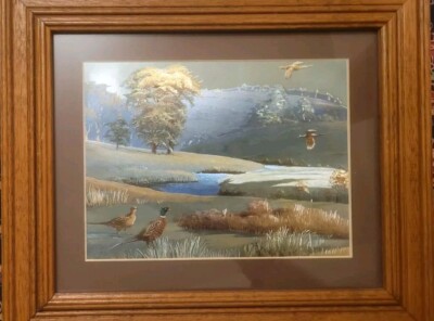 Dufex Foil Print Framed Meadow With Birds Ring-Necked Pheasant Vtg Art 8x10 