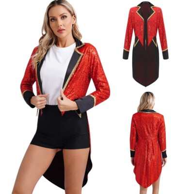 DE Damen Halloween Zirkus Pailletten Frack Vintage Langarm Showman Jacke Offene