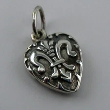 Sterling Silver FLEUR-DE-LIS Heart Charm NECKLACE PENDANT For Bracelet VINTAGE