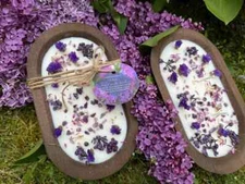 Lilac Dough Bowl & Crystals Soy Candle, Wooden Dough Bowl, Soy Wax, Bridal Gift
