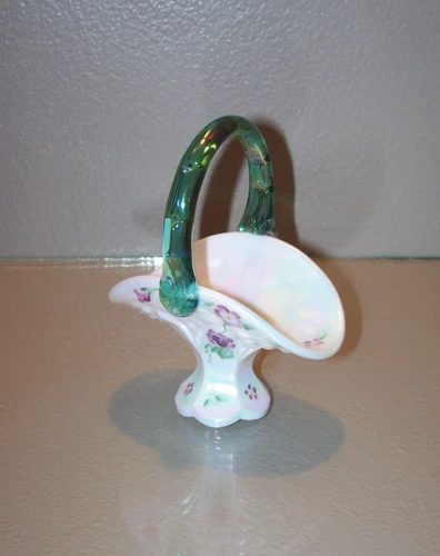 Fenton Mini Basket Iridescent White Milkglass Floral