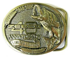 1989 ZEBCO 40th ANNIVERSARY solid brass BELT BUCKLE fishing equipment 
