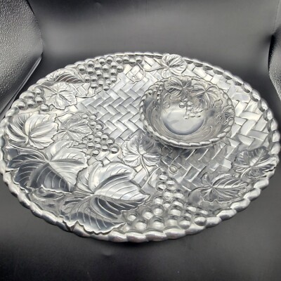 LENOX GRAPE WEAVE METAL SERVEWARE 2pc. CHIP & DIP APPETIZER PLATTER & BOWL SET
