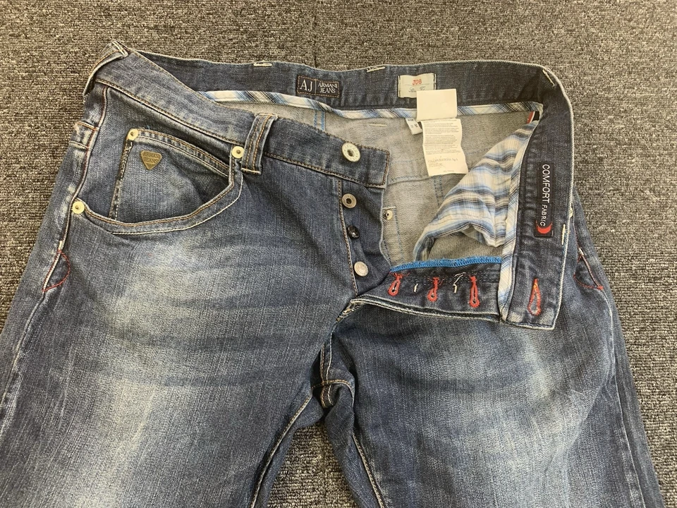 Armani JO8 Slim Fit Mens 34 x 32 Blue Denim Button Fly Distressed Fade Stretch - image 3 of 4