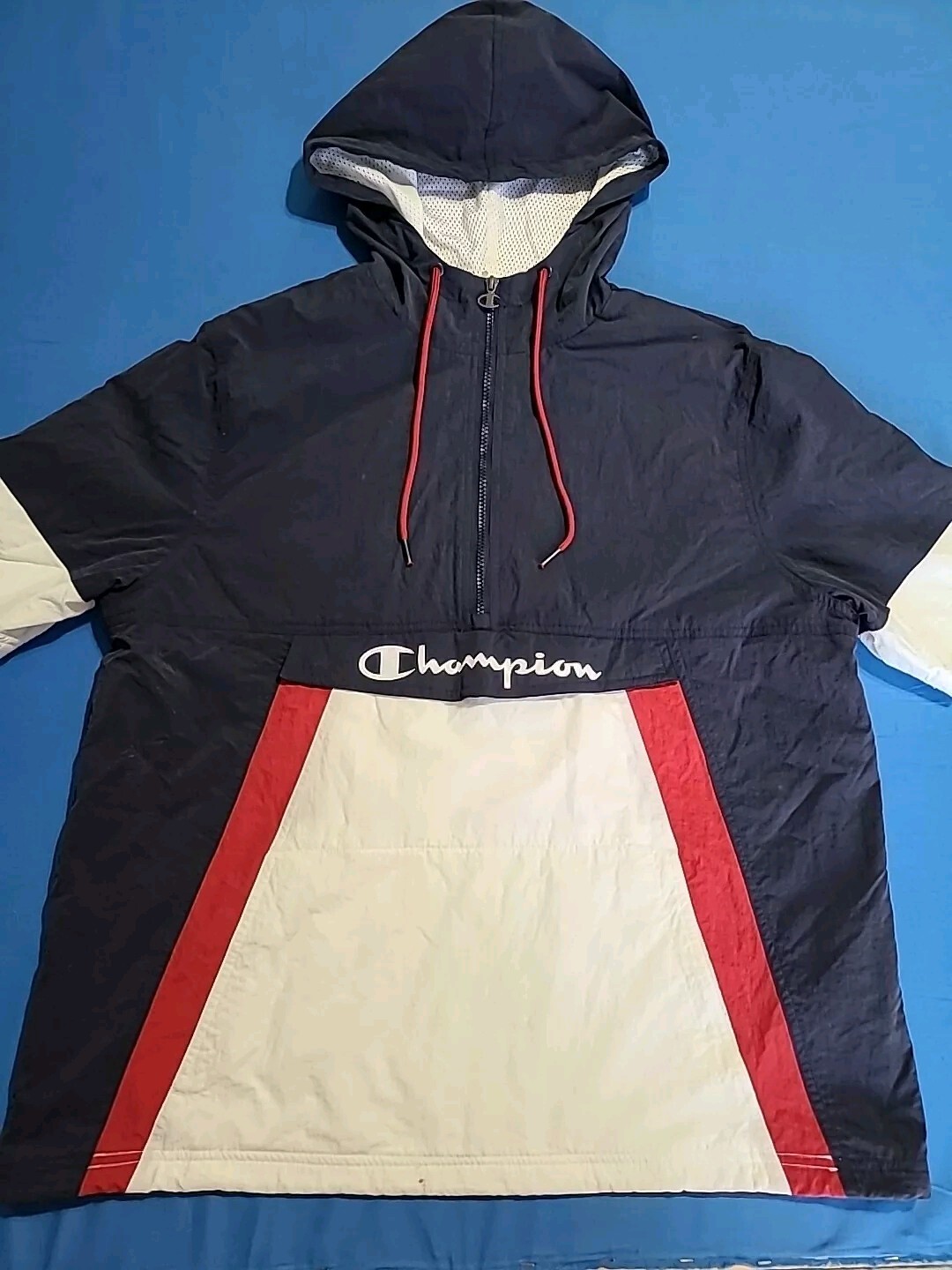 Vintage Champion Windbreaker Jacket Retro Hoodie Short Sleeve Mens Large 