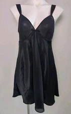 Sostanza Nightie Black Satiny Slimming Peek-a-boo Chiffon Size Medium Sexy EUC 