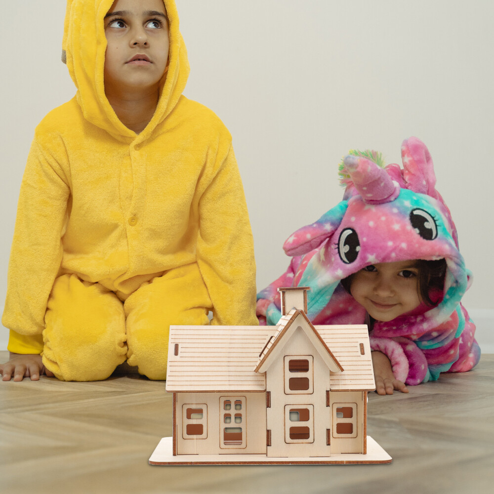 CEBEKIT-C9721 3D-Puzzle Holz Nachbildung Haus – Weiß-Gelb, Detailliertes Modell Zum Selberbauen, Didaktische Anleitung