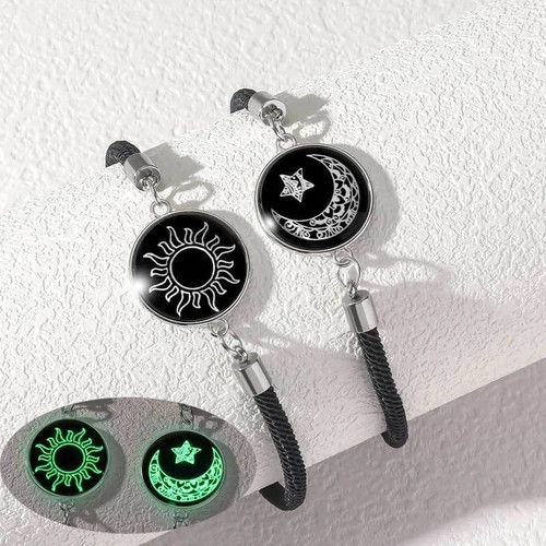 Romantico Luminoso Sole Luna Coppia Bracciali per Donna Uomo Fatto a Mano Corda Intrecciata - Foto 17 di 35