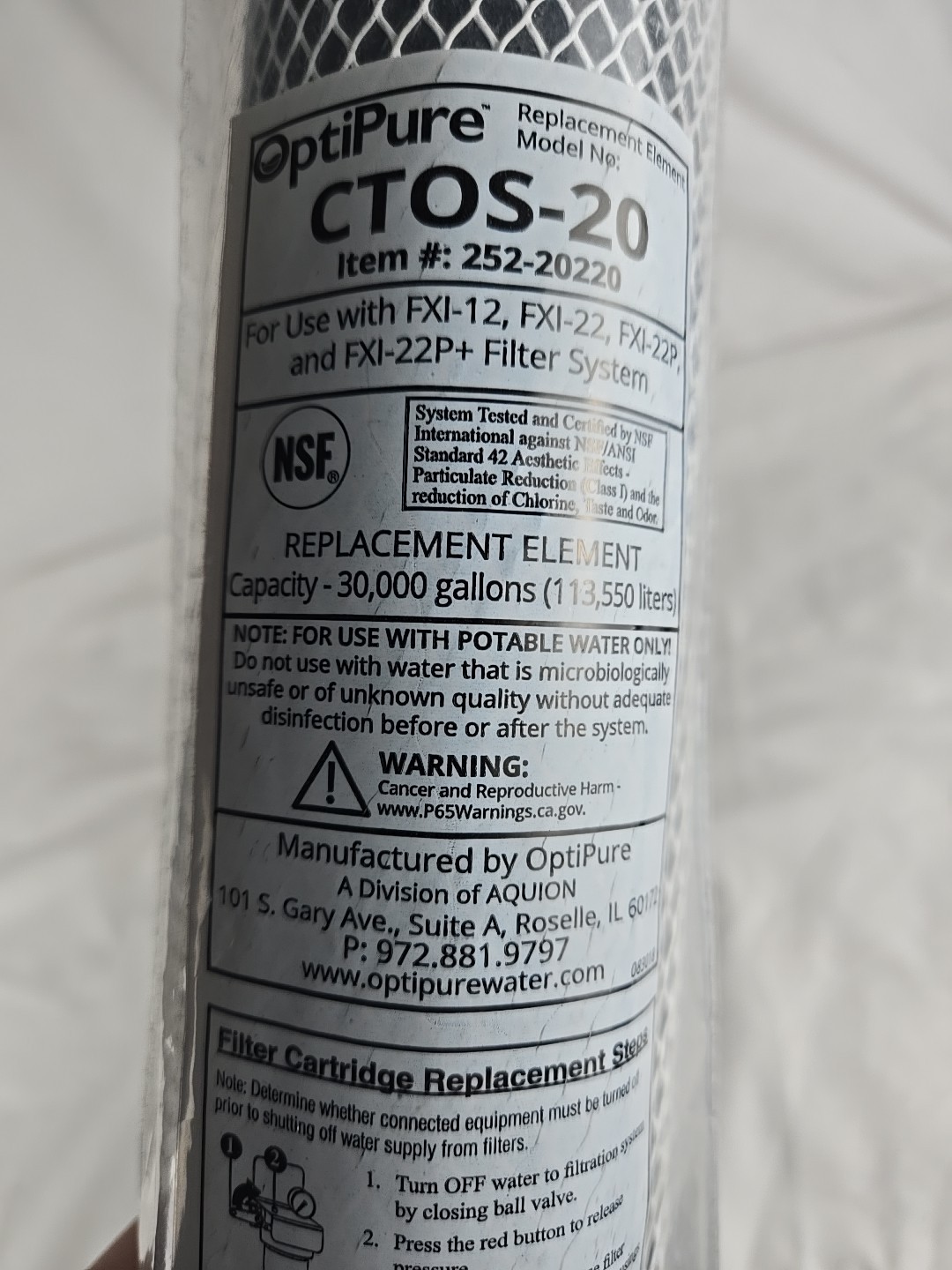 Optipure Opti Pure 25220220 Water Filter Replacement Cartridge CTOS20 FXI-22