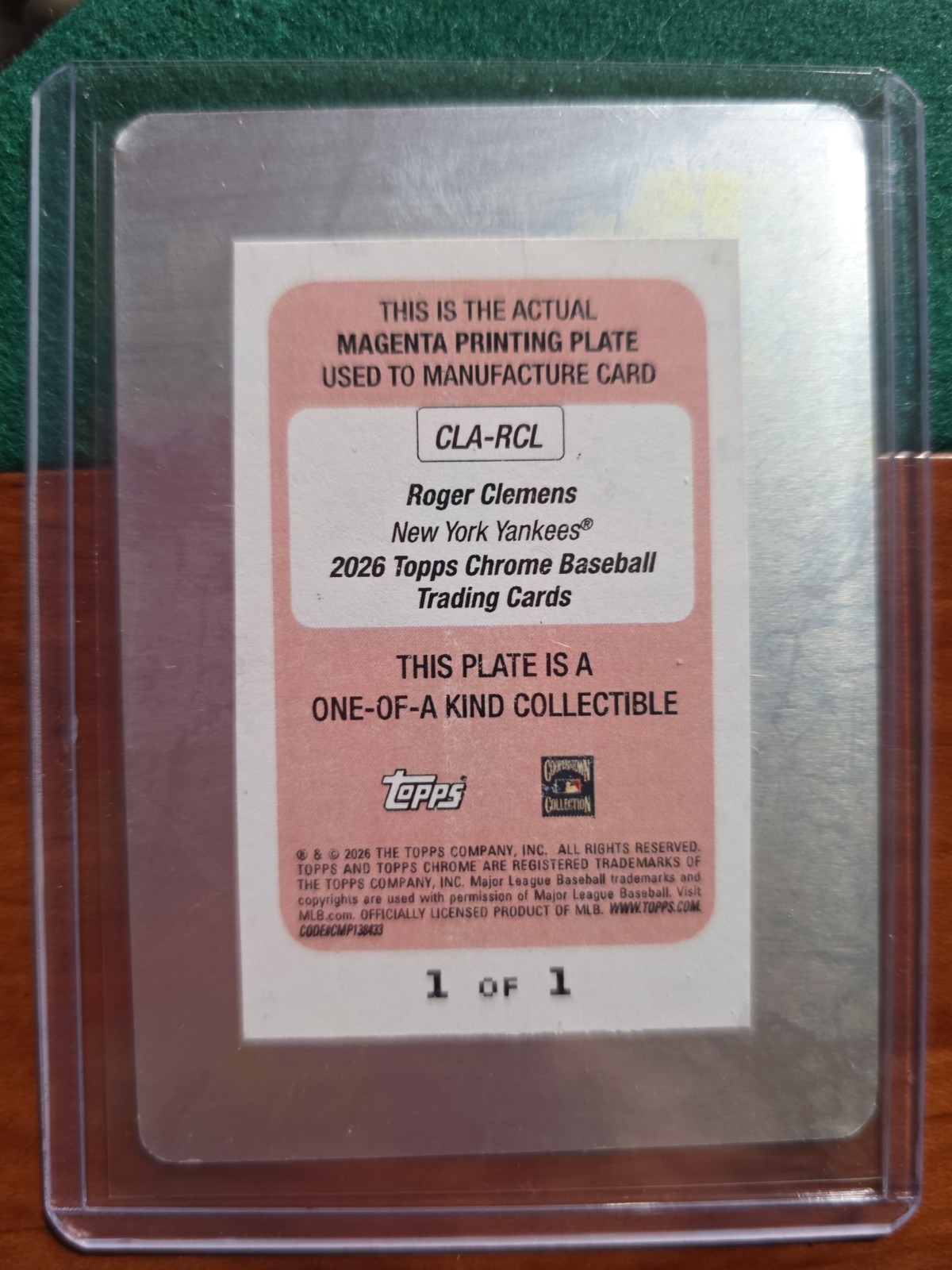 2026 Topps Chrome Printing Plate Magenta Roger Clemens AUTO 1/1 YANKEES on card view 2