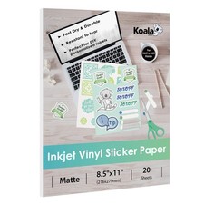 Koala Printable Vinyl Sticker Paper for Inkjet Printer - 20 Sheets Matte Whit...