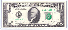 1990 $10 Federal Reserve Note UNCIRCULATED 0/1 True Binary #L10011010A