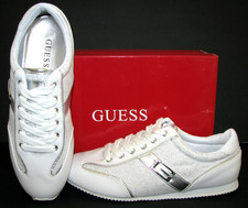 NEW-GUESS DANICE WHITE FABRIC/LEATHERETTE+SILVER+CRYSTALS SPORT SHOES SIZES:6-9