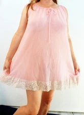 SANS SOUCI ELEGANT VTG DOUBLE LAYER PINK LACY CHIFFON BABYDOLL NIGHTGOWN M L EVC