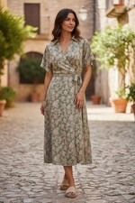 Lucky Brand Collared Maxi Dress Olive Green & White Floral w/ side pockets sz L