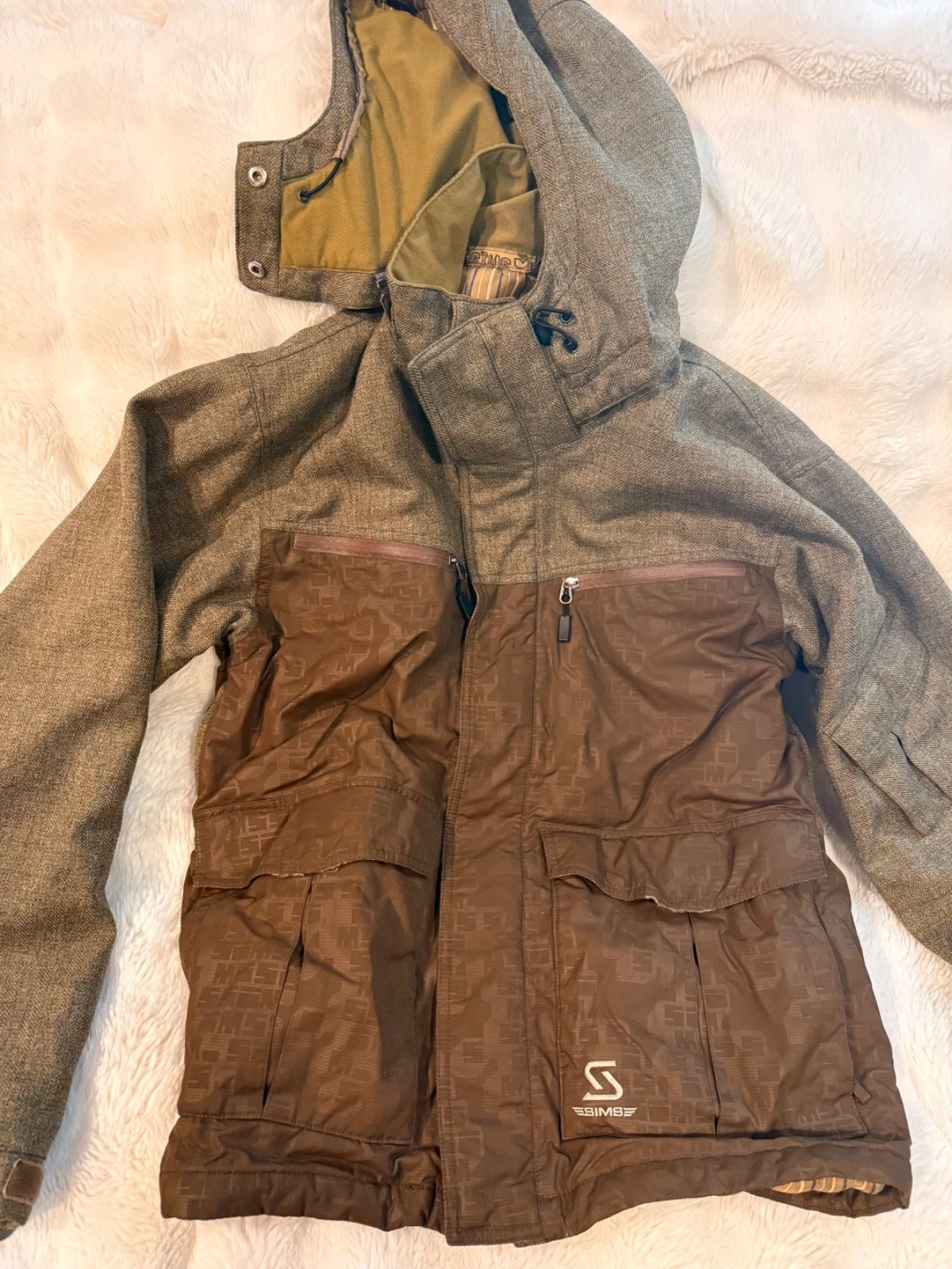 Men’s medium, Sims snowboarding jacket, khaki brown with stripes, very good - product detail image 1