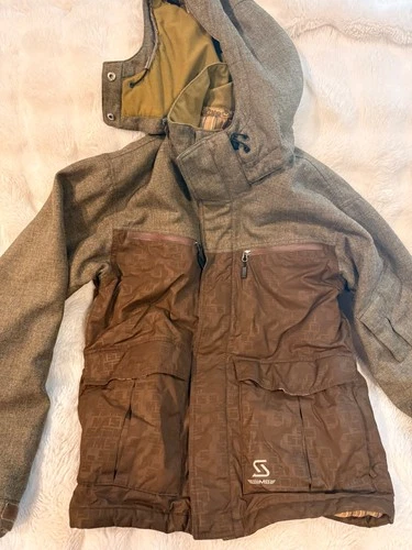 Men’s medium, Sims snowboarding jacket, khaki brown with stripes, very good video thumbnail