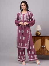 Women's Rayon Chikankari Kurta Palazzo Set Mauve, Hand Embroidered, Ethnic Kurta