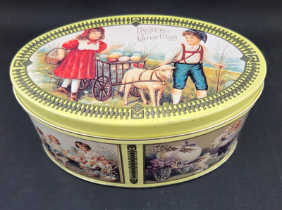 NICE! ''Easter Greeting'' Oval Vintage Decorative Tin The Tin Box Company 5.5''