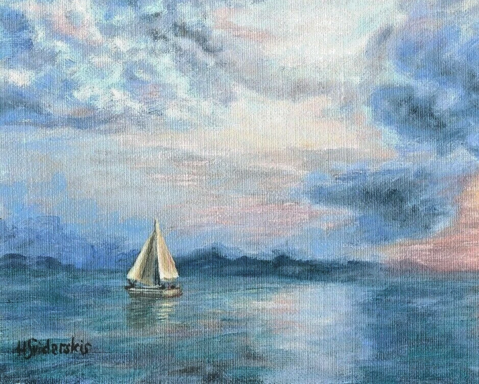 Signed Fine Art Canvas Print 12"x16" Ocean Sunset Painting Seascape Boat Yacht - Image 3 of 4