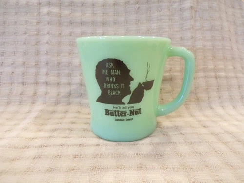 Vintage Fire-King Butter-Nut Coffee Jadite Advertising D Handled Coffee Mug