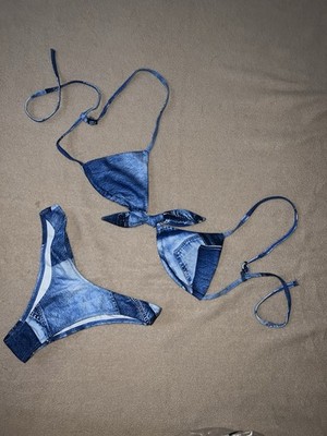 Kendall & Kylie Blue Jean Sexy 2 Piece Bikini Thong Swimsuit XS Club Ware NWOT