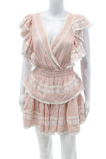 Love Shack Fancy, Women Mini Wrap Dress Pink Cotton V-Neck Short Sleeve Size XS