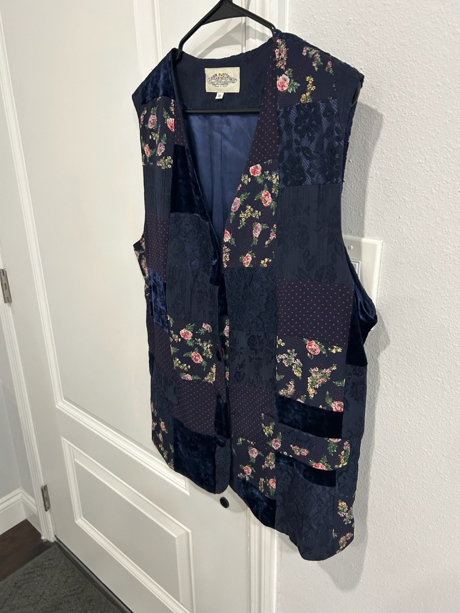Vintage Susan Bristol Button Front Floral Patchwork Vest Navy Sz