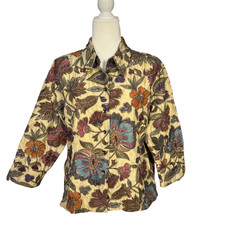 Chico's 100 Silk Floral Embroidered Jacket Blazer Size 2 Large Boho Artsy