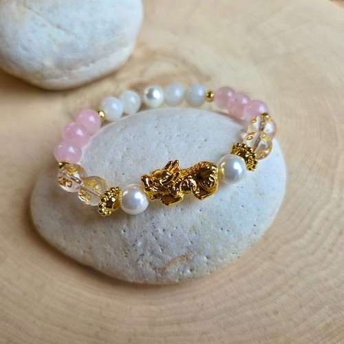 Bracciale Pixiu, Drago Oro, Perla, Malachite, Avventurina, Quarzo Rosa Feng Shui - Foto 4 di 6
