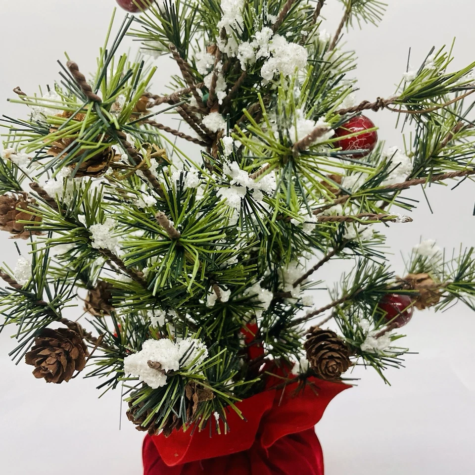 Rustic Snowy Brush Pine Tree 12" Christmas Tree Berries Pinecone Red Velvet Base - Image 3 of 4