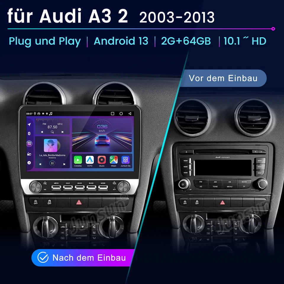 Für AUDI A3 8P 03-2013 Android 14 Carplay Autoradio GPS Nav WIFI BT FM SWC 2+64G - Bild 2 von 4