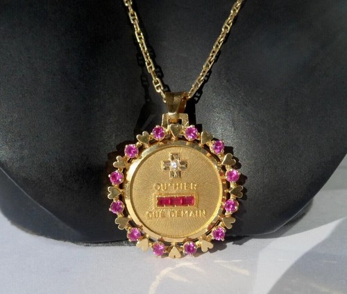 4Ct Lab Created Red Ruby Qu'hier Que Demain Love Pendant 14K Yellow Gold Finish - Picture 4 of 6