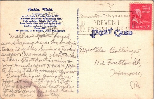 Peebles Motel Swainsboro GA US 1 1940s Autos Forest Fires mark linen postcard P4 - Picture 2 of 2
