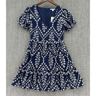 Mi Ami Francesca's MIni Dress Womens Size S Navy Fit & Flare Embroidered V-Neck
