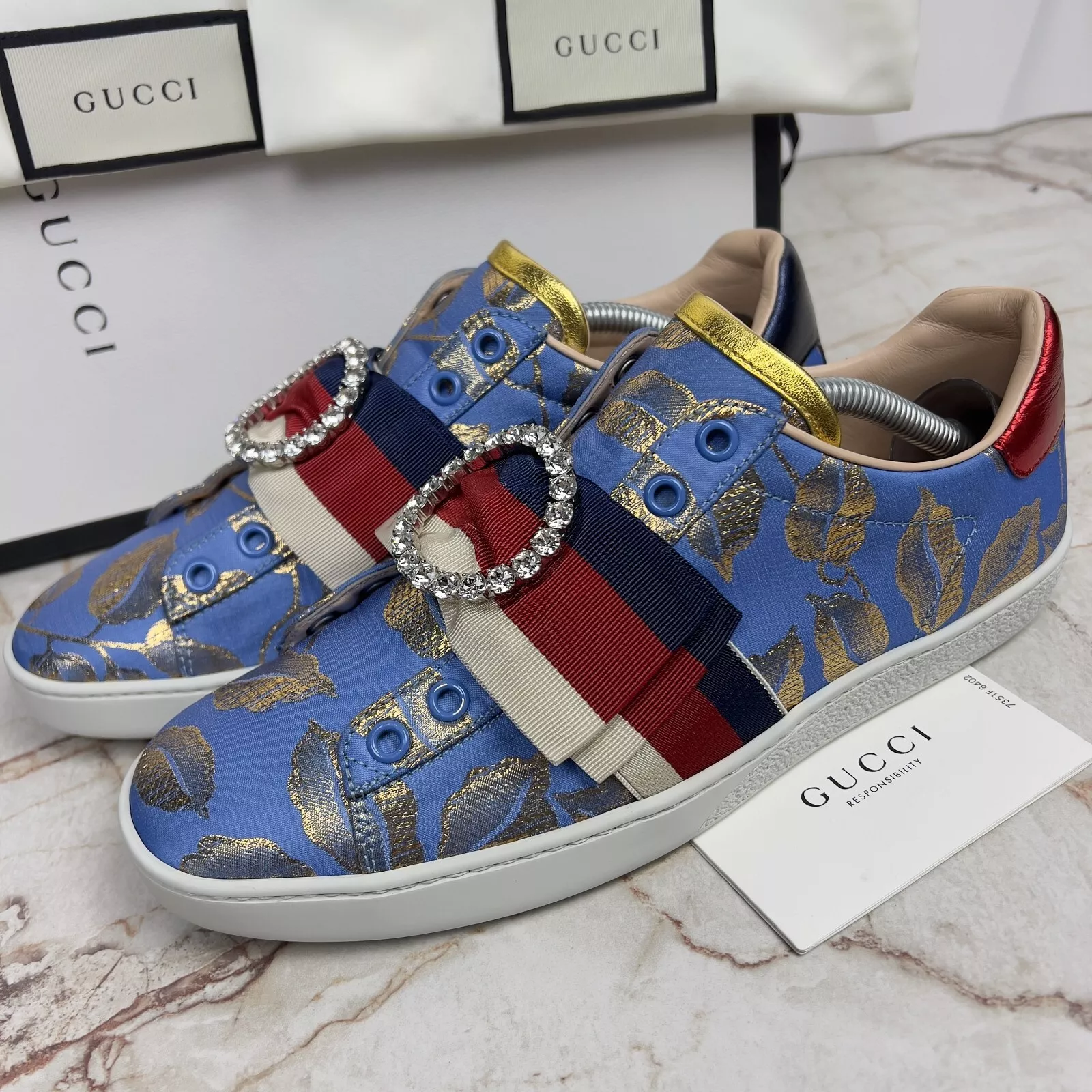 Baskets Gucci Ace Lurex Jacquard Crystal Sylvie dentelle bleu 7,5 US ou 37, *