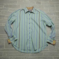 ROBERT GRAHAM Shirt Mens XL Green Blue Striped Flip Cuff Dress Shirt Textured