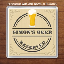 Personalised Beer 'Reserved' Drinks Coaster Birthday Xmas Gift ANY NAME RELATIVE