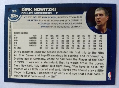DIRK NOWITZKI, 2002-03 TOPPS #35, MAVS - Picture 2 of 2