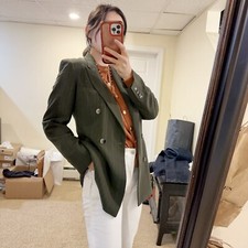 Harve Benard Women Green Pinstripe Fitted Blazer Size 10 Tailored Double Breast