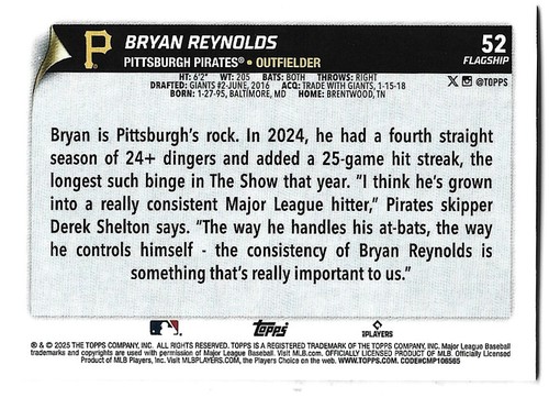 Bryan Reynolds 2025 Topps Flagship Collection #52 Pittsburgh Pirates - Picture 2 of 2