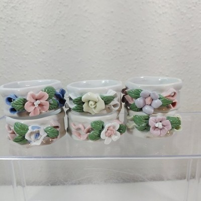 Vintage Porcelain 3D Floral Napkin Holder Rings  Cottage Core Pastel Colors 6 