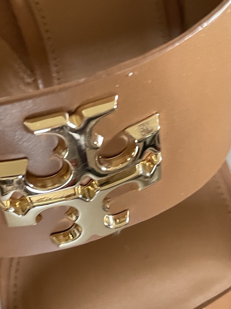 TORY BURCH EVERLY WEDGE SANDALS IN ROYAL TAN/ ROLLED BRASS SIZE 9