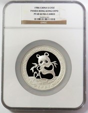 1986 SILVER CHINA 12 OZ HONG KONG EXPO PROOF PANDA MEDAL NGC PF 68 ULTRA CAMEO