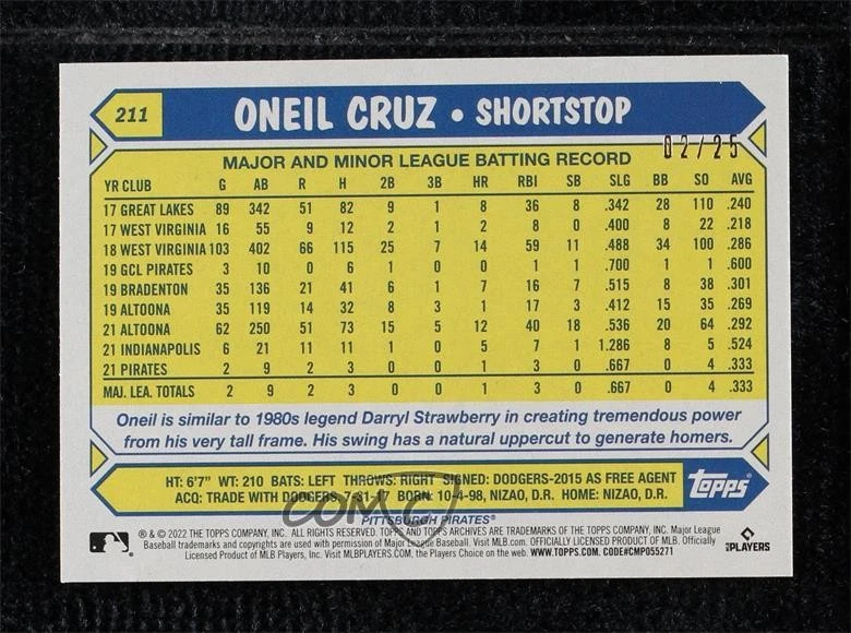 2022 Topps Archives 1987 Topps Design Blue Foil /25 Oneil Cruz #211 Rookie RC - Image 2 of 2