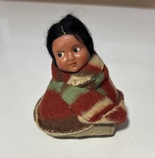 Vintage Native American Indian Skookum Doll 2.5 in., Composition Real Blanket.