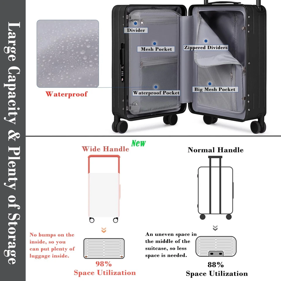 Carry On Luggage Wide Handle 20 Inch Suitcase with Front Compartment Aluminum... - Image 4 of 4